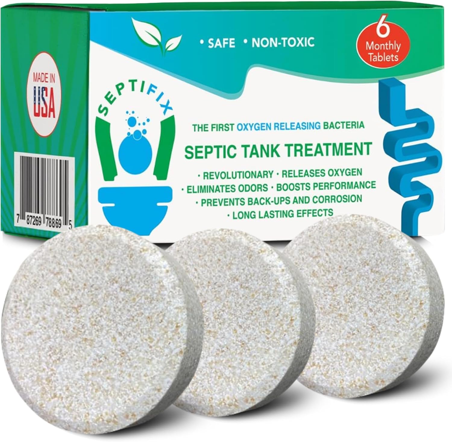 A box of “Septifix” septic tank treatment tablets labeled safe and non-toxic, made in the USA, with three large round tablets displayed in front of the packaging.